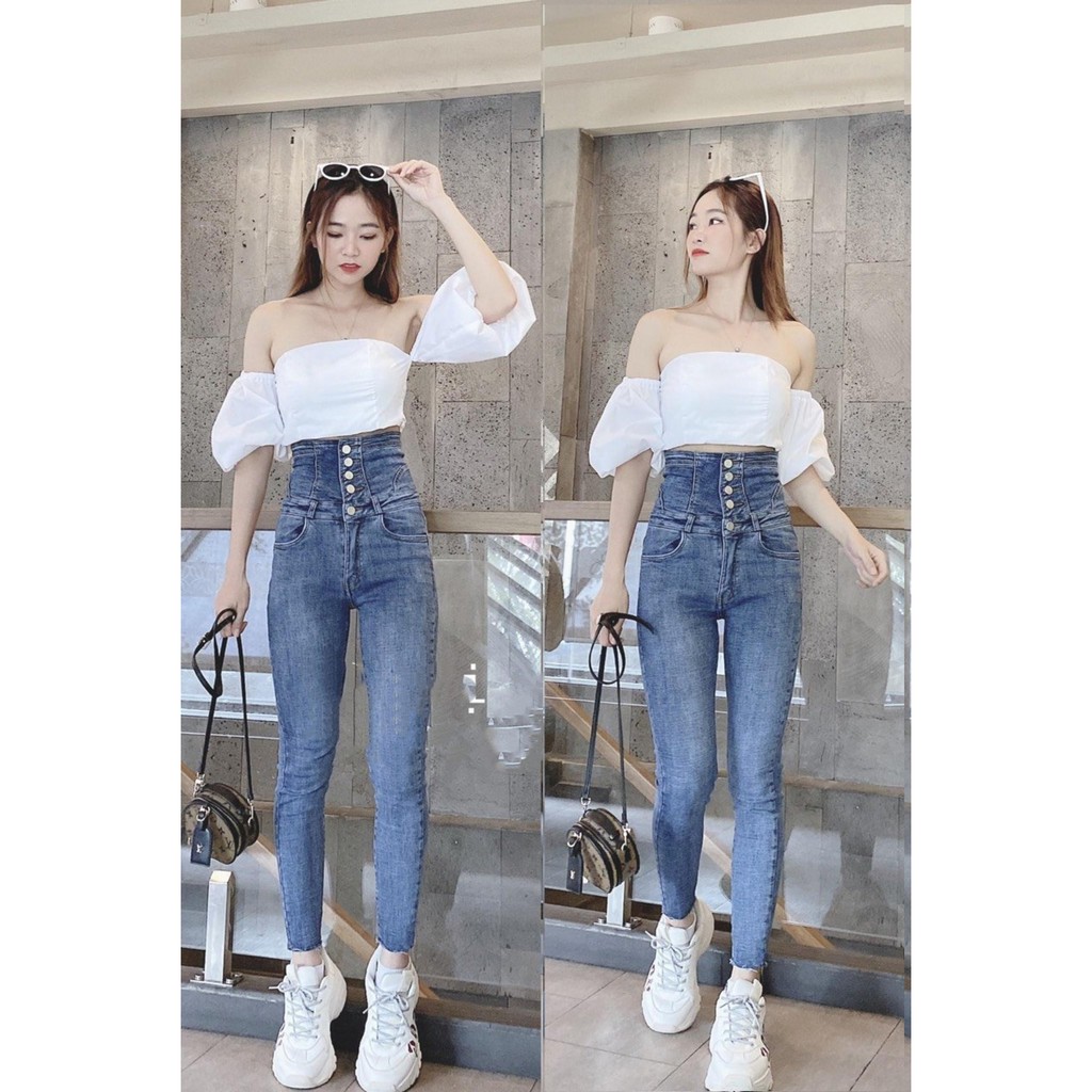 Quần jean nữ lưng cao 5 CÚC TRƯỚC phối CỘT NƠ SAU EO màu xanh chất jean giãn tốt 5cs1-36