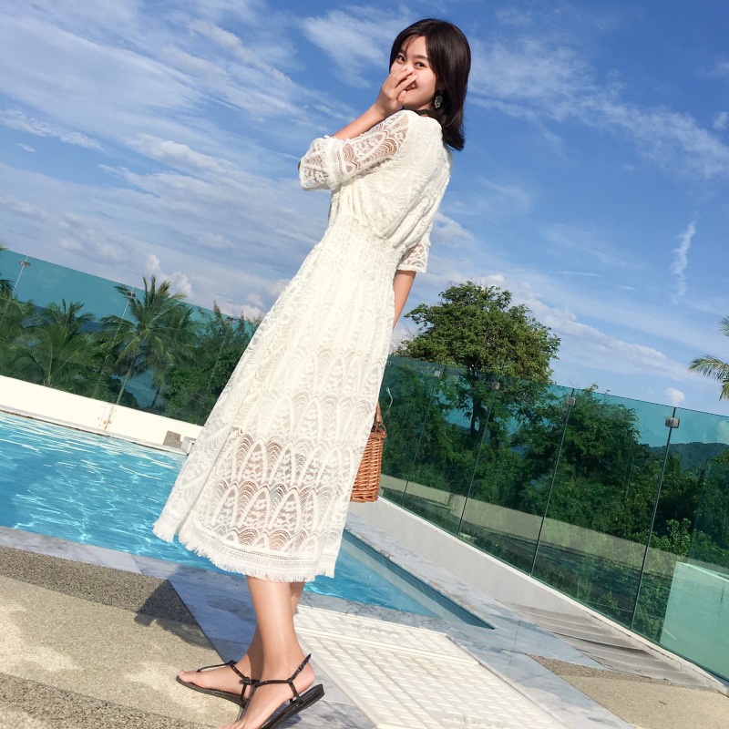 IELGY Đầm Ren Mỏng Tay Ngắn Cổ Chữ V Màu Trơn Thời Trang Dành Cho Nữ