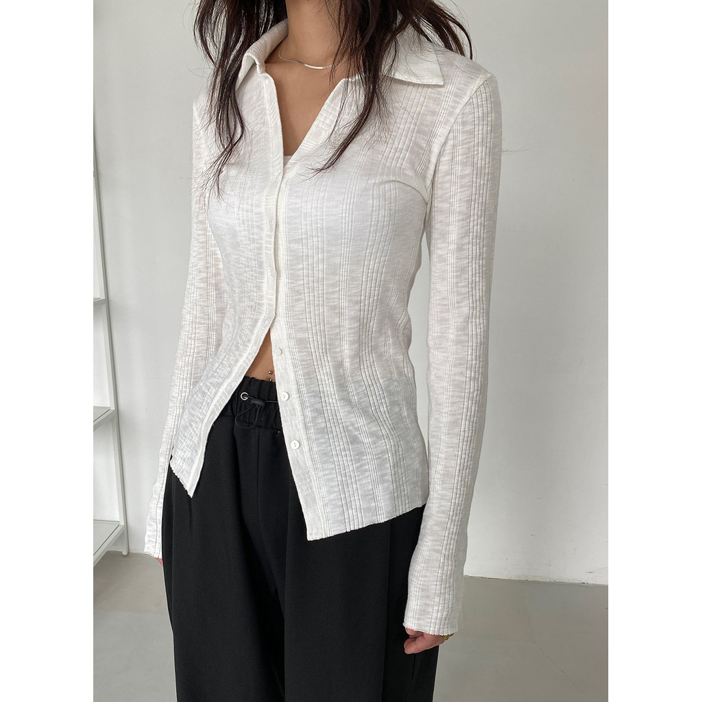 Áo kiểu tay dài Halsey cổ sơ mi basic dáng dài