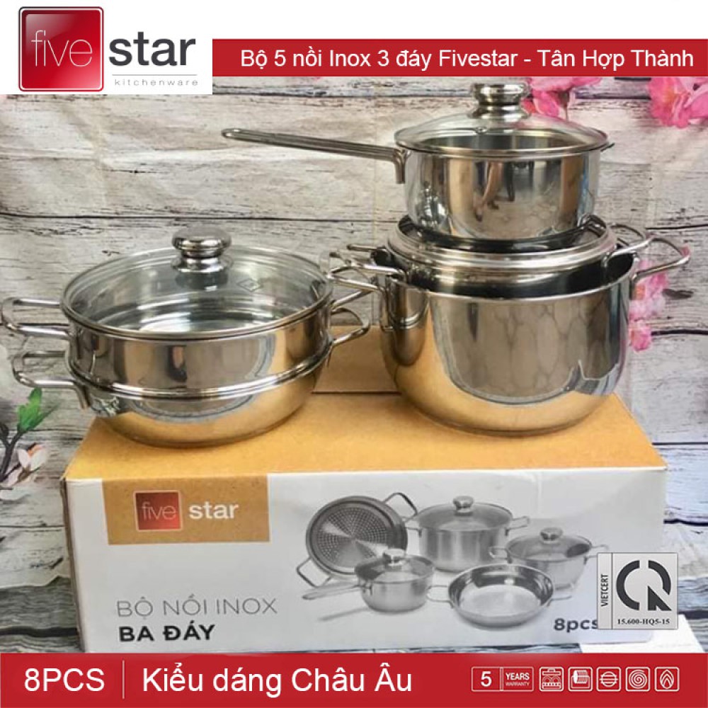 (mẫu mới) Bộ Nồi Inox 5 Chiếc Fivestar 3 đáy cao cấp