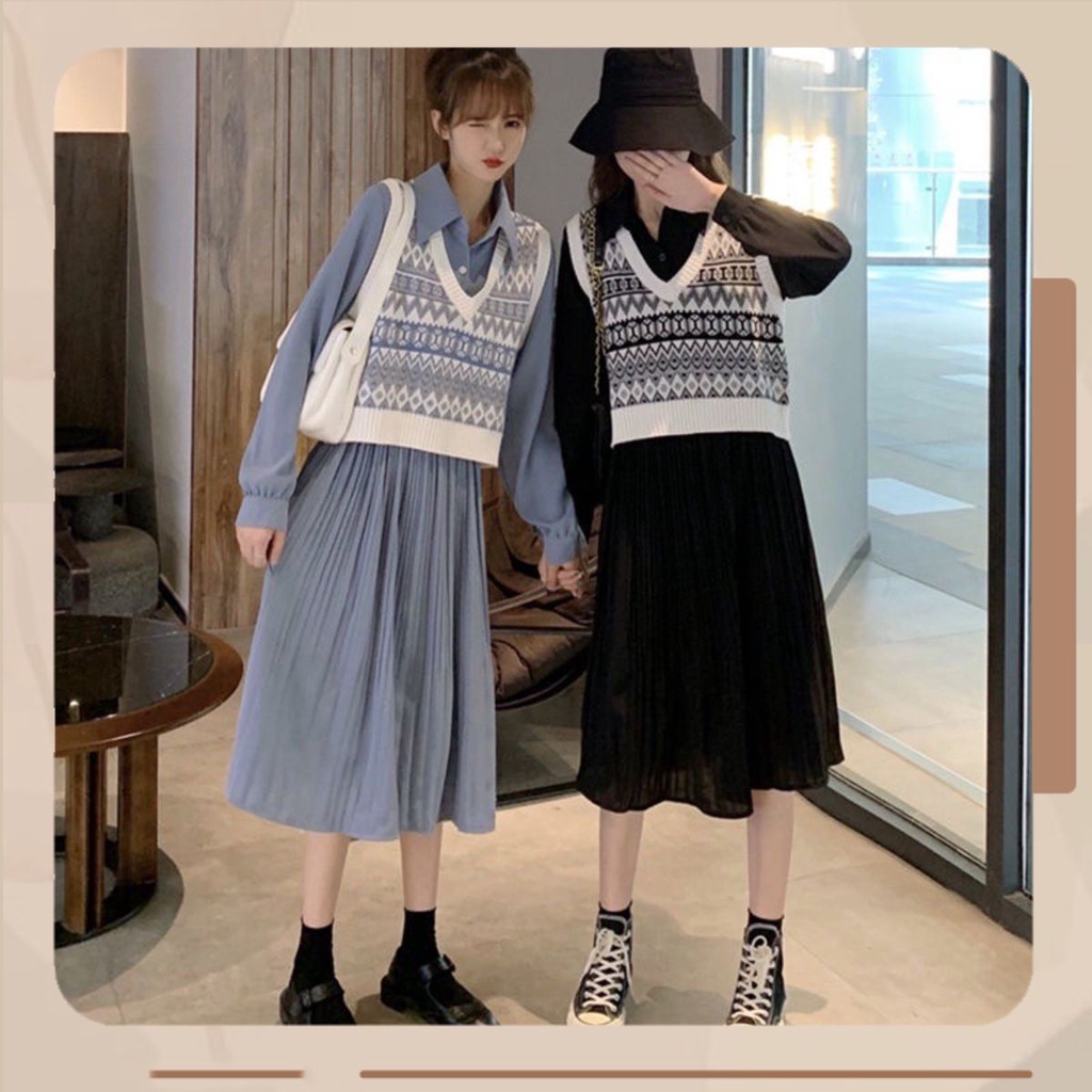 HL Fashion| Set váy xếp ly kèm áo ghile len thổ cẩm