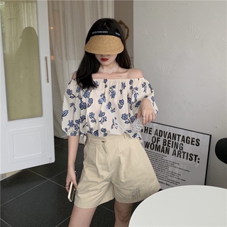 Áo trễ vai hoa xanh