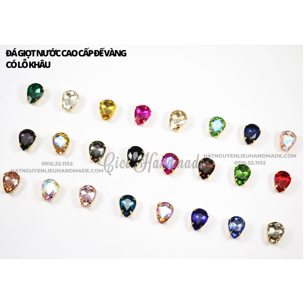 Set 10 hạt đá giọt nước cao cấp đế vàng có lỗ khâu link 1/3 Cici Handmade chuyên hạt đá hạt pha lê hạt cườm hạt trang sứ