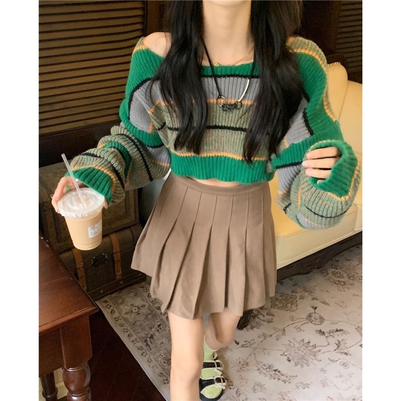 Màu Sắc Áo sweater Dệt Kim Tay Dài Dáng Ngắn Họa Tiết Kẻ Sọc Thời Trang Mùa Thu 2022 Cho Nữ