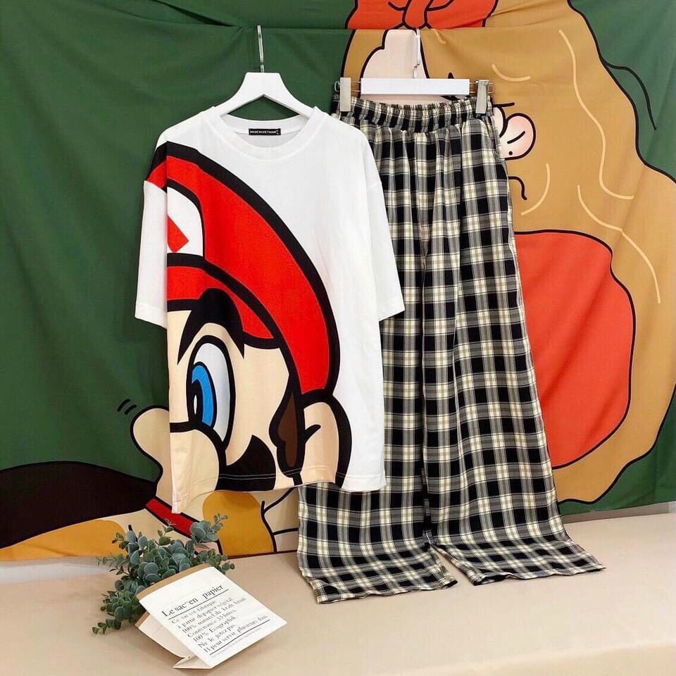 Set đồ bộ nữ quần caro kate ống rộng NHIỀU MẪU 3, đồ bộ hoạt hình Freesize Molly Fashion | BigBuy360 - bigbuy360.vn