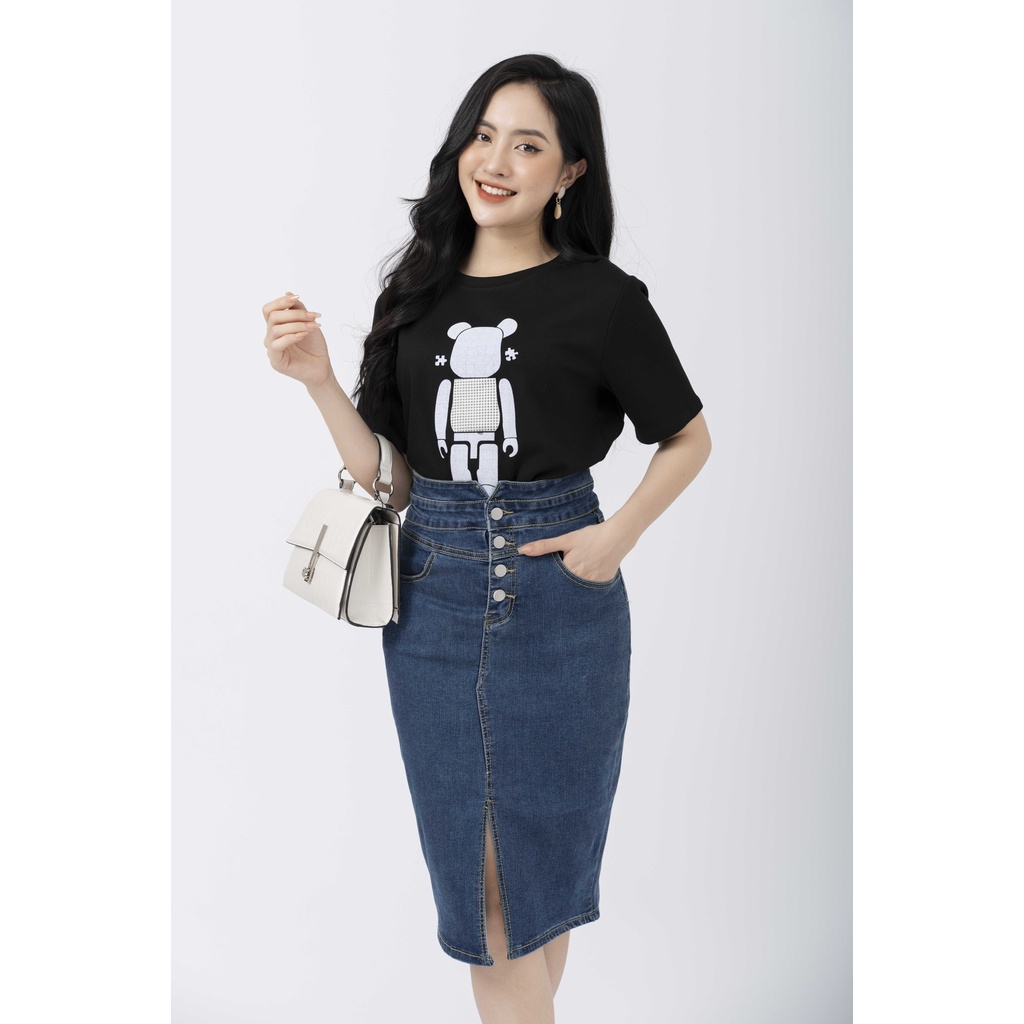 Áo phông nữ dáng suông cotton nữ rộng cổ tròn freesize họa tiết gấu lego FIONA C522007