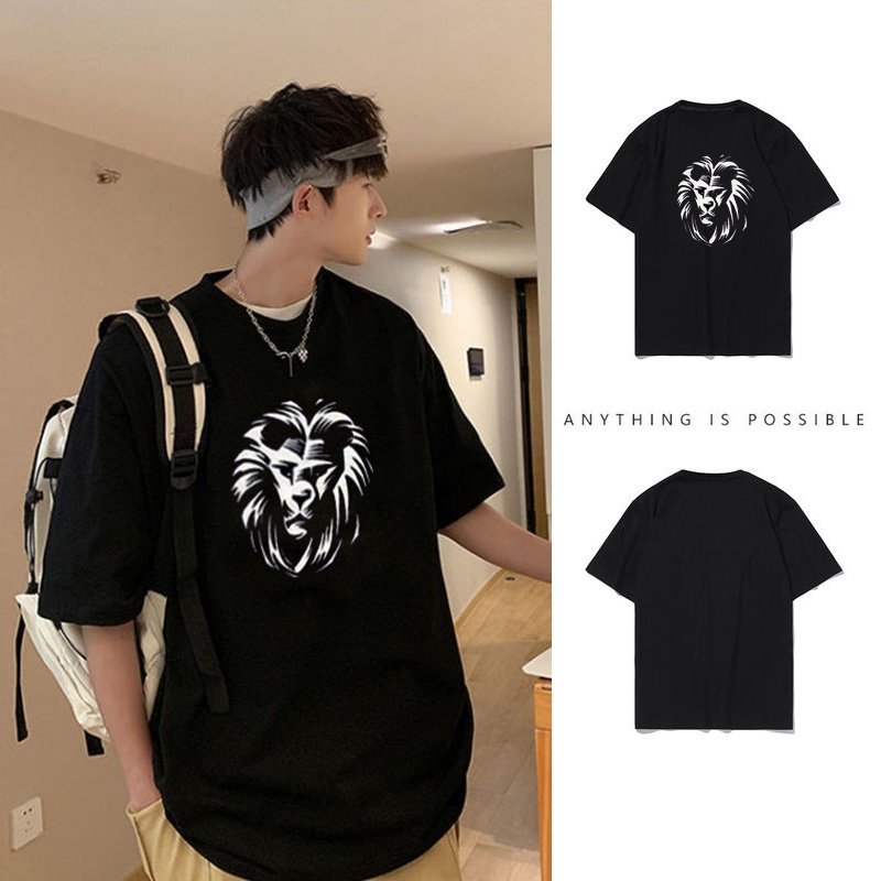 (M-3XL) Áo thun nam trơn màu đen, in hình sư tử, Xu hướng cá nhân, Tay áo ngắn rộng rãi, Unisex