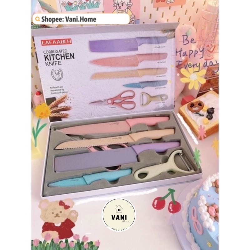 Bộ dao kéo Everich 6 món cao cấp kháng khuẩn màu Pastel - Bộ dao nhà bếp lúa mạch nhiều màu bắt mắt