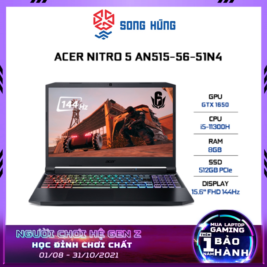 Laptop Acer Gaming Nitro 5 2021 AN515-56-51N4 15FHDIPS144Hz/i5-11300H/8GB 3200/512 PCIe/AX/Win/GTX 1650/2.2kg Đen