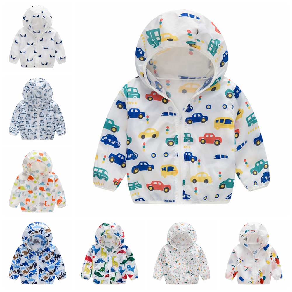 Outdoor Sun Protection Jacket Kids Jacket Zip with Hat Print Dinosaur Baby Boys Girls Coat Jacket Outerwear