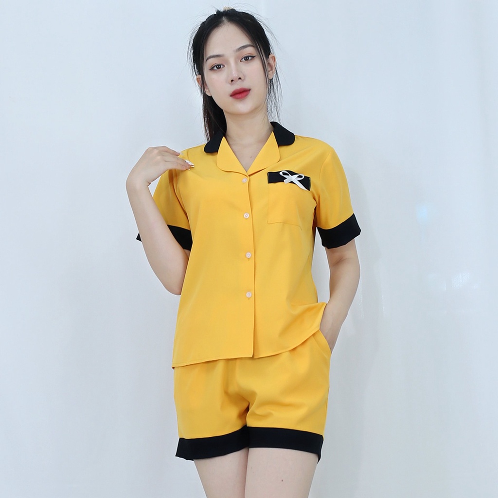 Bộ đồ bộ Pijama NGẮN VÀNG PHA CỔ ĐEN ĐIỂM NHẤN NƠ TÚI CỰC XINH vải  lụa cao cấp -  Thoải Mái Nhẹ Nhàng