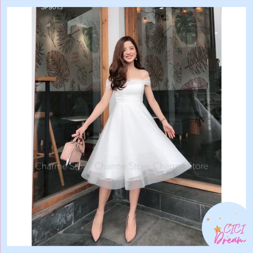 Váy trắng trễ vai công chúa dự tiệc, Váy trắng trễ vai công chúa đi đám cưới sang chảnh babydoll