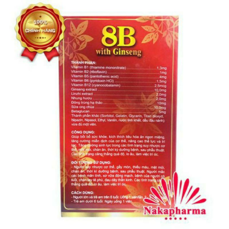 Nhân sâm 8B With Ginseng giúp ăn ngủ ngon, phục hồi cơ thể hộp 100v