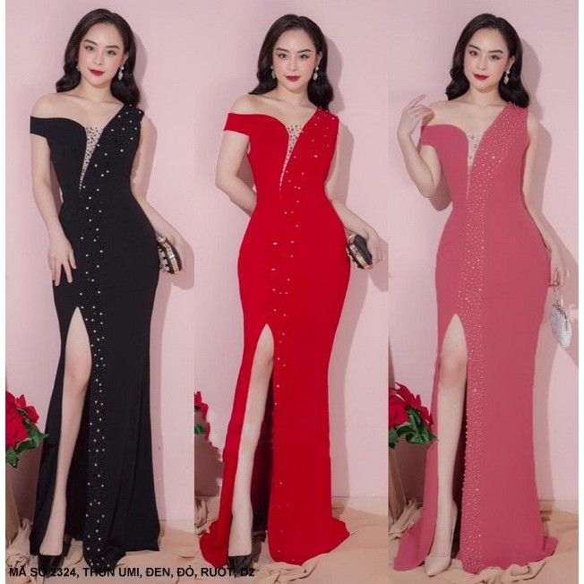 Đầm dạ hội lệch vai + tay trễ đính đá 2324 *kèm hình thật