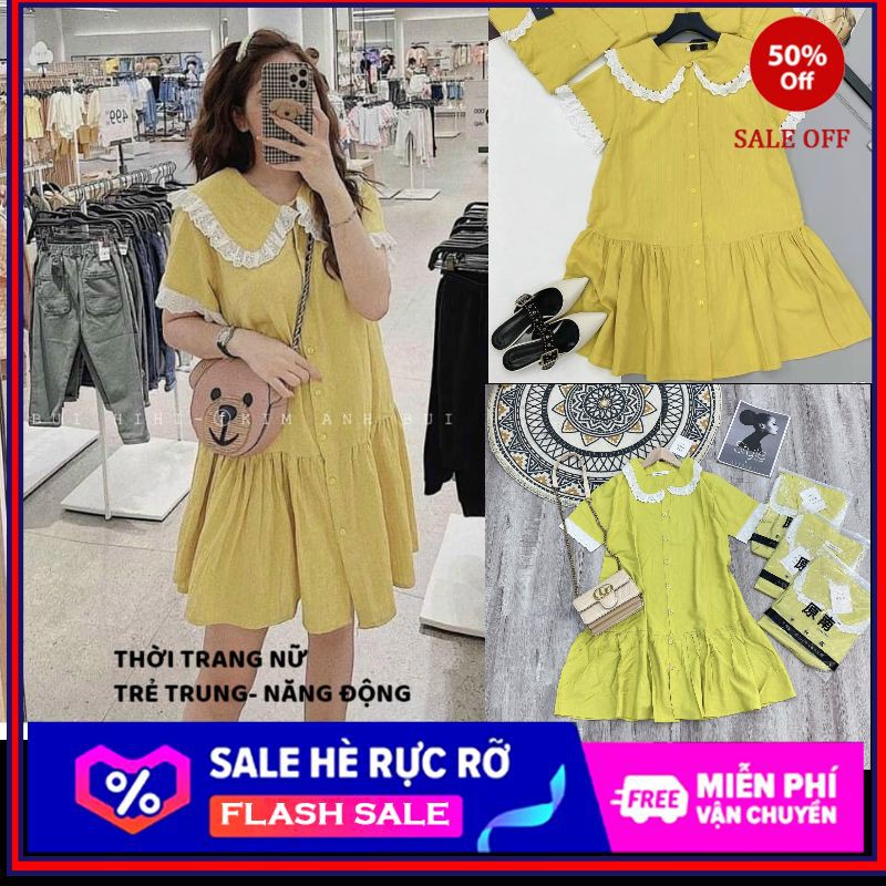 Váy babydoll nữ🍁 dễ thương, cổ bẻ cánh sen trơn màu phối viền ren trắng siêu xinh,KHOHANGCHUYENDOSI-VH2