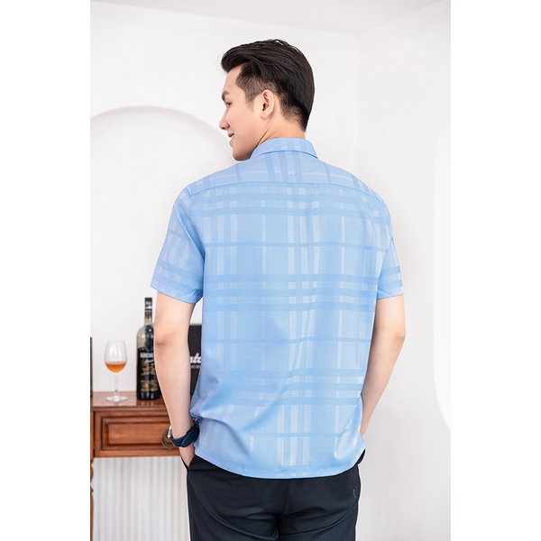 Áo Sơ Mi Nam Công Sở Trung Niên Anton Somianton Xanh Dương Ngắn Tay Họa Tiết Kẻ Caro Vải Sợi Tre Thấm Hút Mồ Hôi - NT203