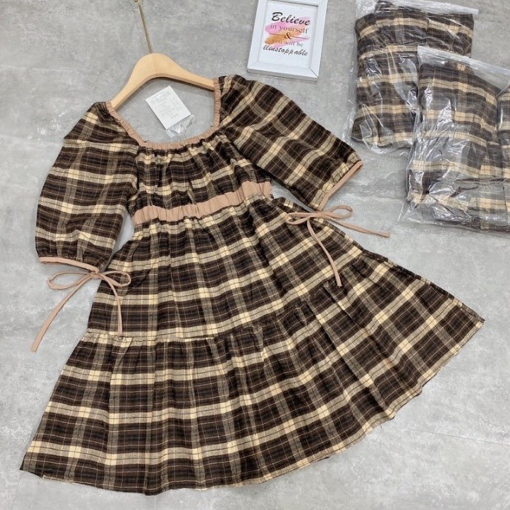 Đầm Babydoll Dáng Xoè Tay Phồng Cổ Vuông Kẻ Caro Chất Cotton Siêu Xinh | BigBuy360 - bigbuy360.vn