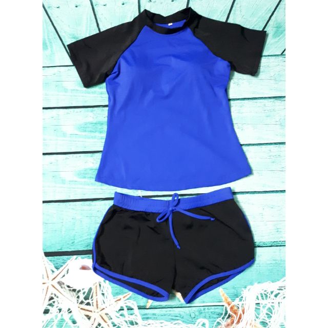 Đồ bơi nữ kín đáo hai mảnh quần tay ngắn xanh lam 055 | BigBuy360 - bigbuy360.vn