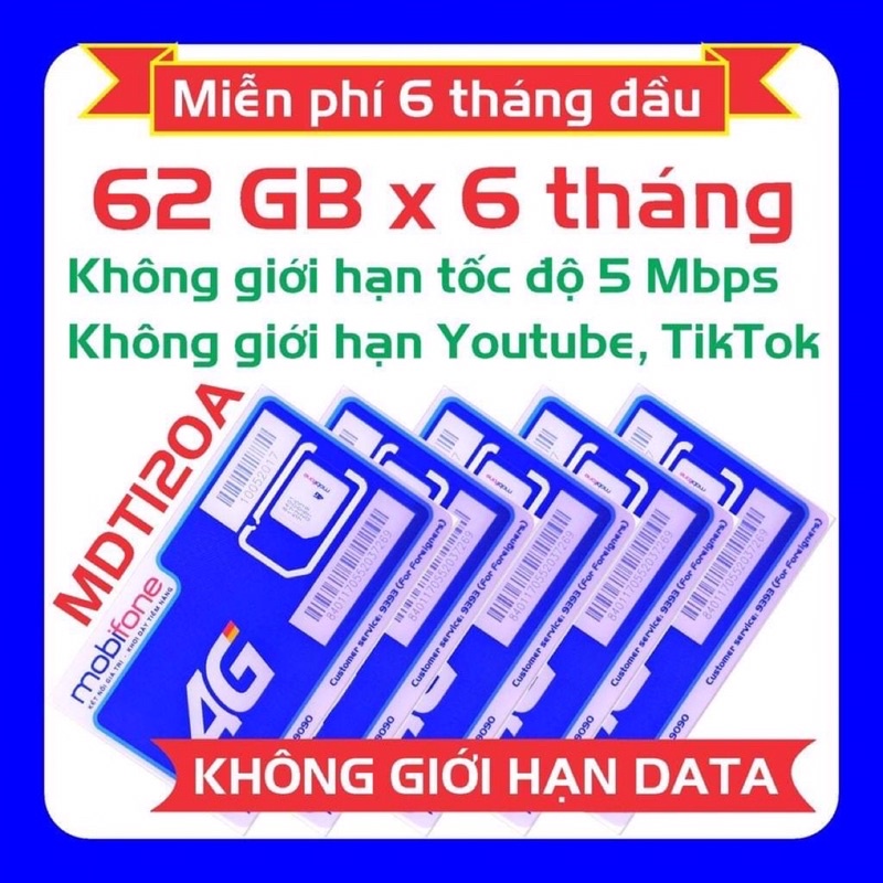 Sim 4G Mobi MDT250A - MDT120A - 62GB DATA TỐC ĐỘ CAO - MAXDATA - TRỌN GÓI 1 NĂM