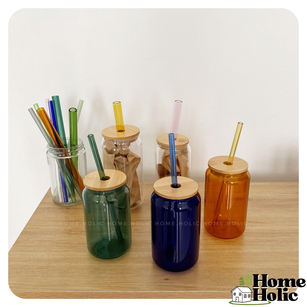 Bình Thuỷ Tinh Có Nắp Gỗ Tre  Borosilicate  Dáng Lon Nước Glass Can Nhiều Màu 380ml - 400ml Home Holic