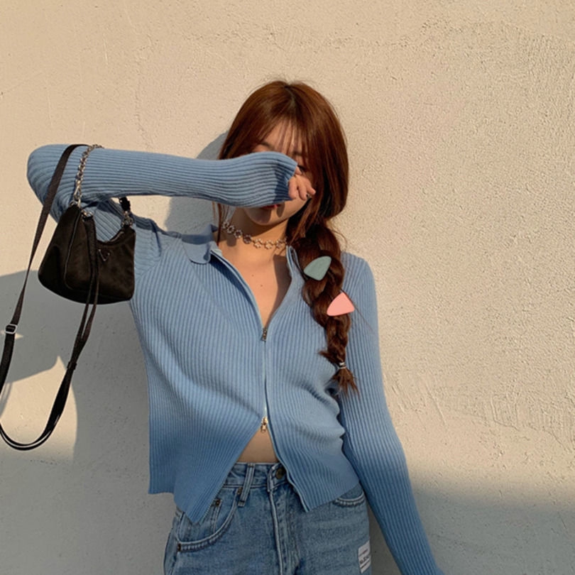 Áo Cardigan Dệt Kim Dáng Ngắn Tay Dài Màu Trơn Có Khoá Kéo Hợp Thời Trang | BigBuy360 - bigbuy360.vn