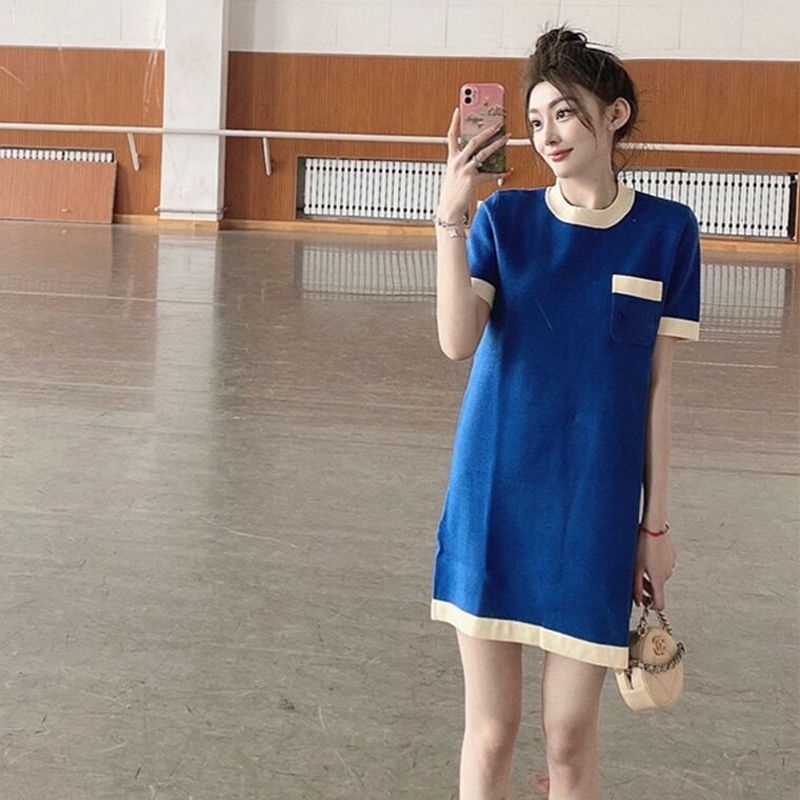 Dress women 2022 new French retro loose slim straight tube small fragrant wind ice silk knit skirt children summer