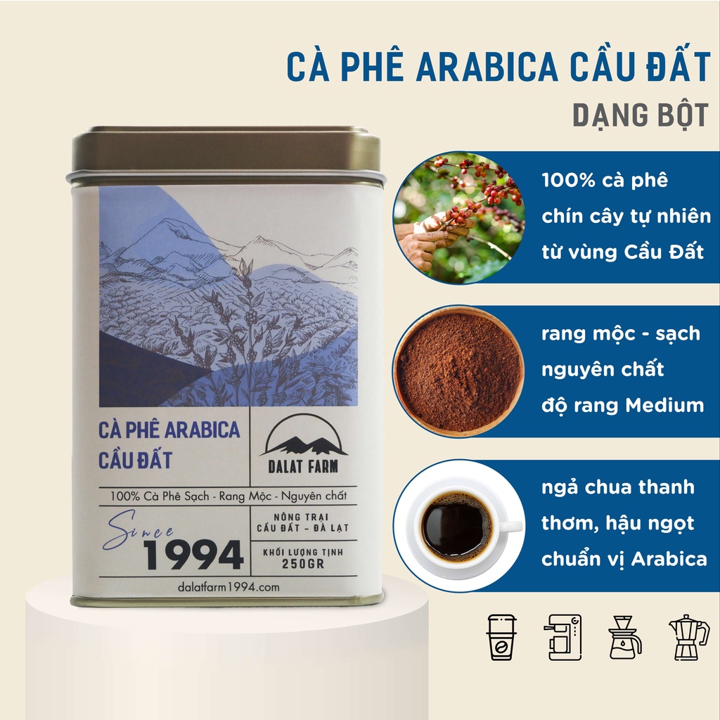 Cà Phê Arabica Cầu Đất Dalat Farm - Hộp 250Gr (Dạng bột)