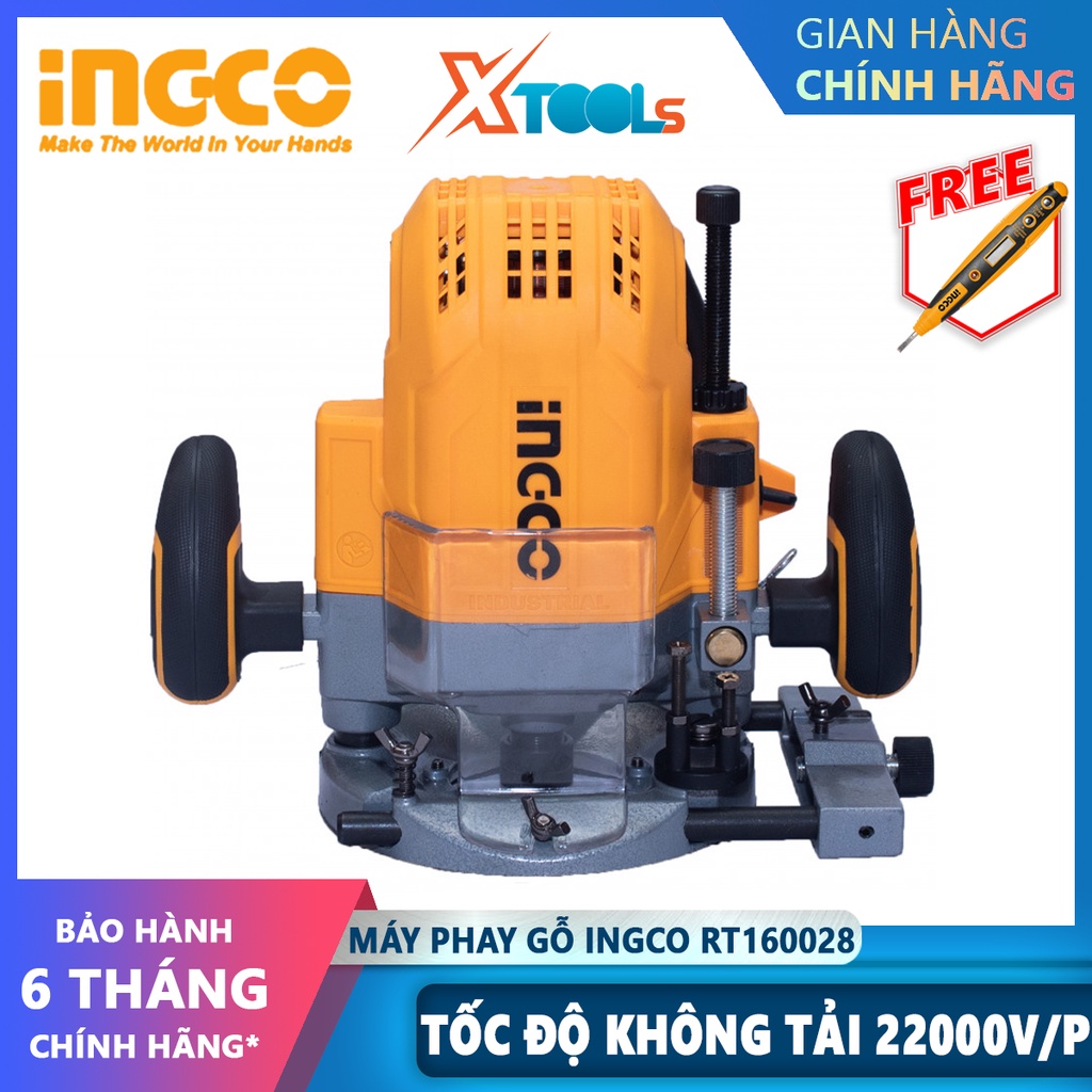 Máy phay gỗ INGCO RT160028 | Máy soi gỗ công suất 1600W, Mũi phay:6,8,12,1/4",1/2"mm (12.7") có điều tốc, phay 0-60mm