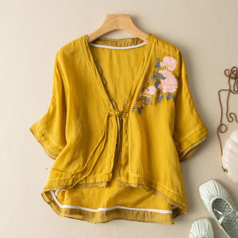 Áo Khoác Cotton Linen Dáng Rộng Ngắn Thêu Họa Tiết Nhiều Màu Sắc Thời Trang Cổ Điển