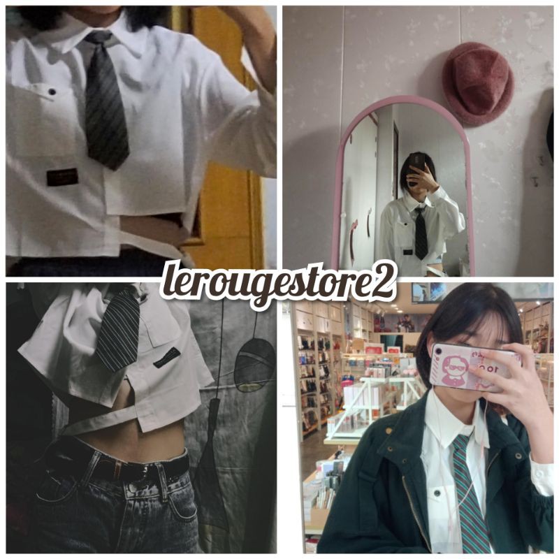 Set áo sơ mi trắng NGẮN TAY mùa hè cà vạt kẻ croptop + chân váy tầng vạt chéo ren đen công chúa
