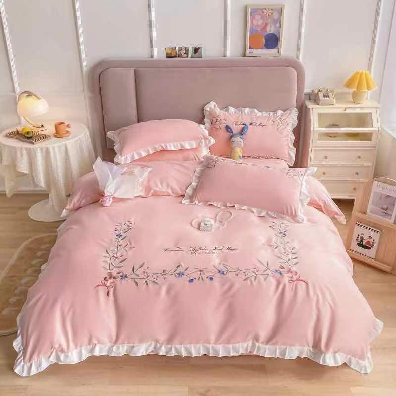 Bộ chăn ga gối cotton đũi bèo_Nhập Khẩu_Chăn ga gối sét 4 món viền bèo chất liệu mềm thoáng mát hoa thêu nổi sang trọng-