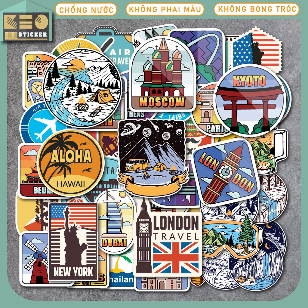 Combo 50 Sticker Vintage Travel chống nước sticker dán laptop, điện thoại, đàn guitar, mũ bảo hiểm, vali. MSP: ST182