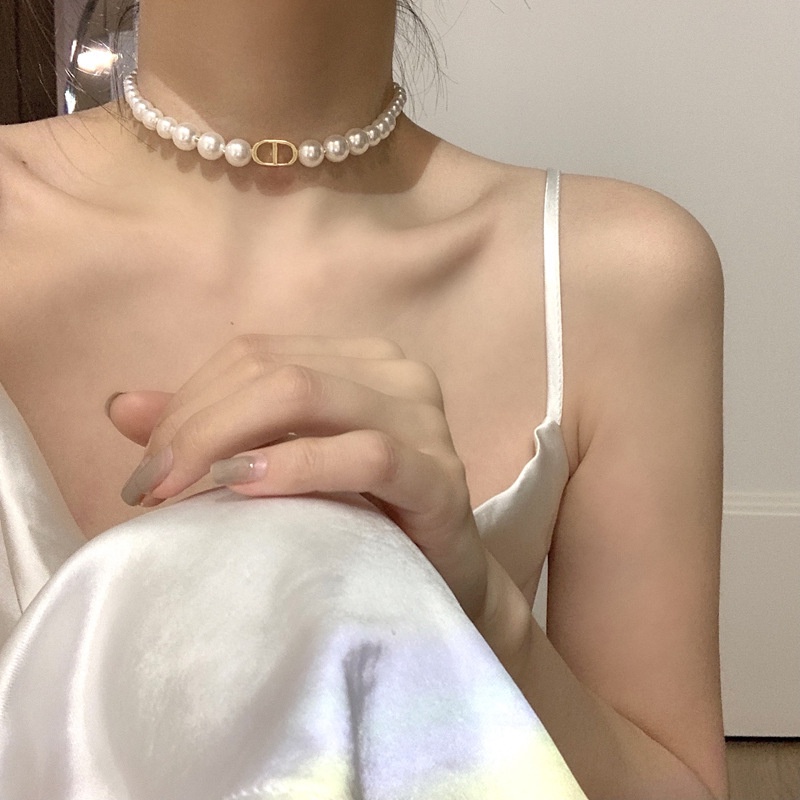 Dây chuyền/ khuyên tai 17KM hình chữ cái CD đính ngọc trai nhân tạo thời trang