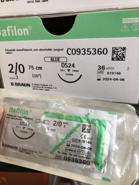 Chỉ phẫu thuật không tiêu không tan,chỉ nylon, chỉ phẫu thuật thẩm mỹ Dafilon 2/0, 3/0, 4/0, 5/0 6/0 Braun B.Braun