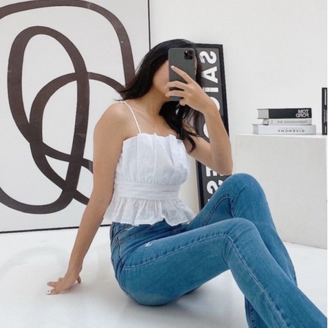 [Mã SKAMFSW175 giảm 10K đơn 50K] Áo hai dây xếp ly bo thun sau (Xanh/Trắng) GD07 | BigBuy360 - bigbuy360.vn