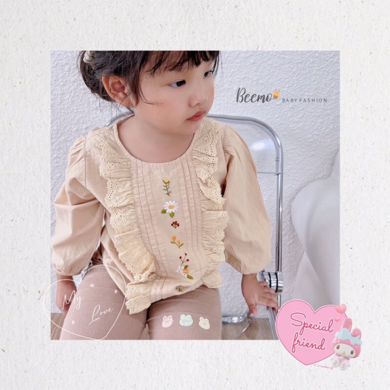 Áo sơ mi thô thêu hoa trước ngực tiểu thư kiểu dáng hàn quốc, tay bồng cho bé gái hãng Beemo