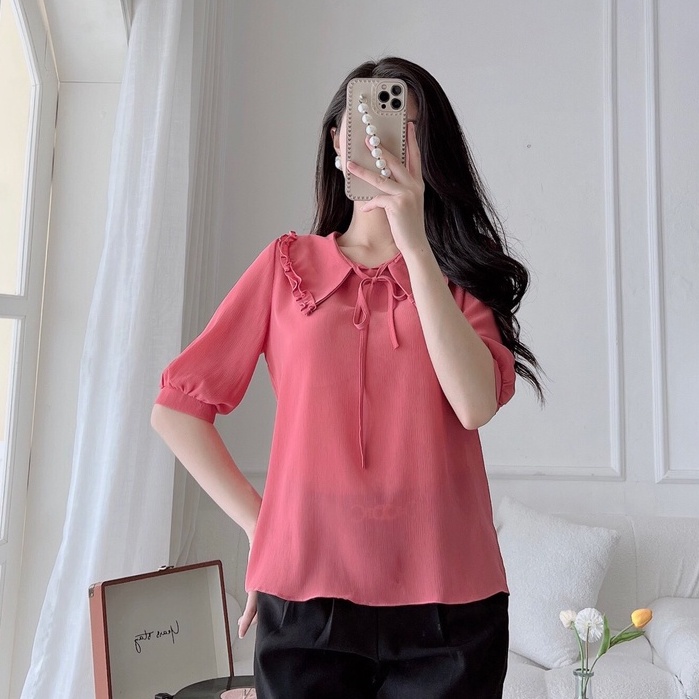 Áo sơ mi tay lỡ voan cổ đức gắn nơ dây trơn chất vải voan xước cao cấp thoáng mát EvaLover