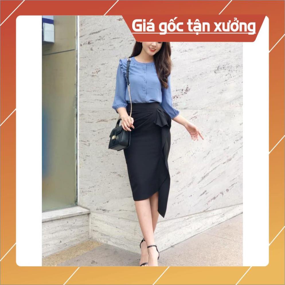 [Chất lượng số 1] Áo sơ mi công sở cổ tròn nhấn bèo vai tay lửng màu xanh thanh lịch thời trang Gloria shop | BigBuy360 - bigbuy360.vn