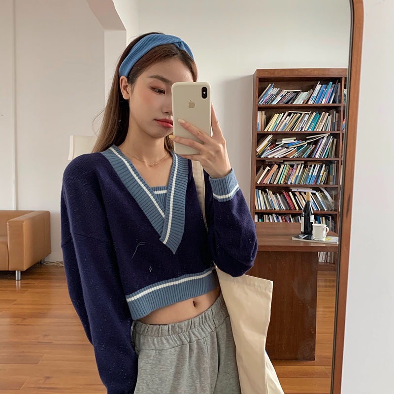 Áo Sweater Tay Dài Dáng Rộng Thân Ngắn Phong Cách Retro Thời Trang Mùa Thu Cho Nữ