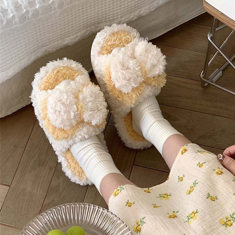 Oeteo Dép Bông Đi Trong Nhà Đế Bằng Thắt Nơ Dễ Thương Cho Nữ