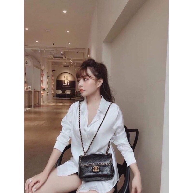 Áo sơ mi lụa gấm mềm hoạ tiết LV,2 túi trước siêu xinh- Áo sơ mi dài tay