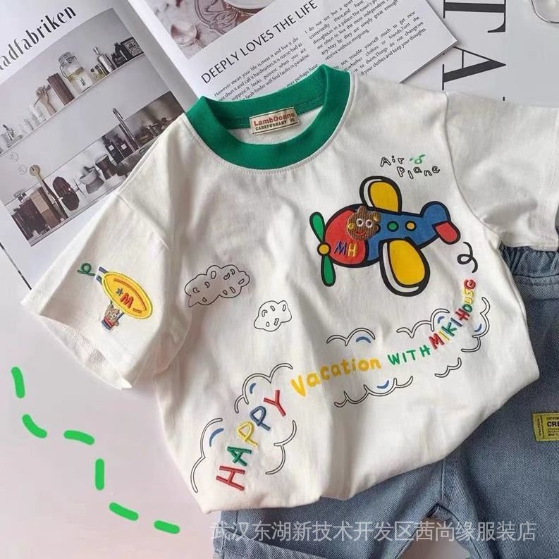 100% cotton summer new small and medium boy's clothing short sleeve children's baby cartoon small plane handsome half sleeve t-shirt