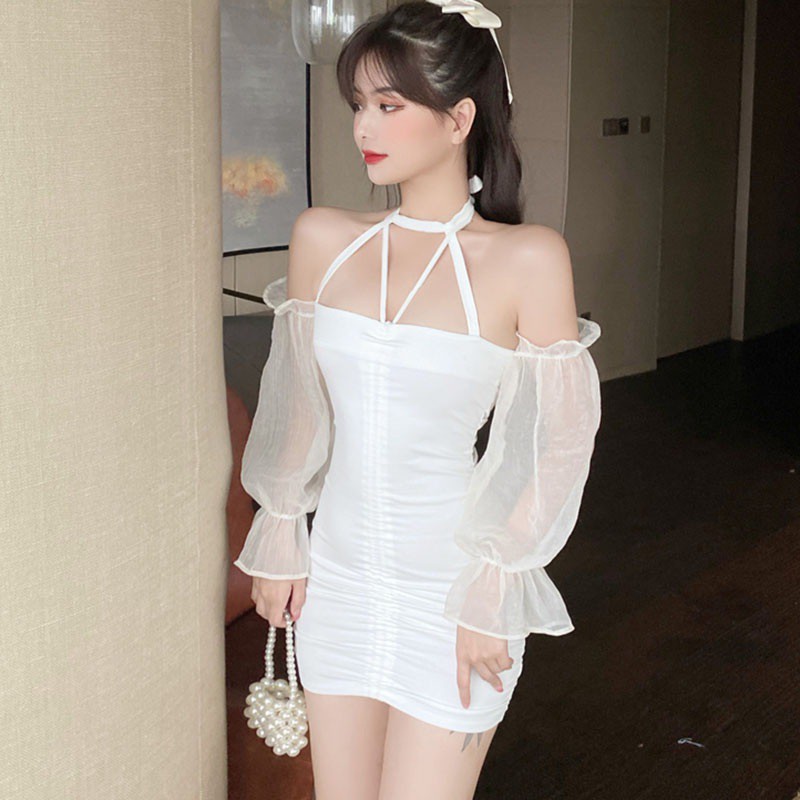 Women's Off Shoulder Halter Stitching Slim Sexy Long Sleeves Dress