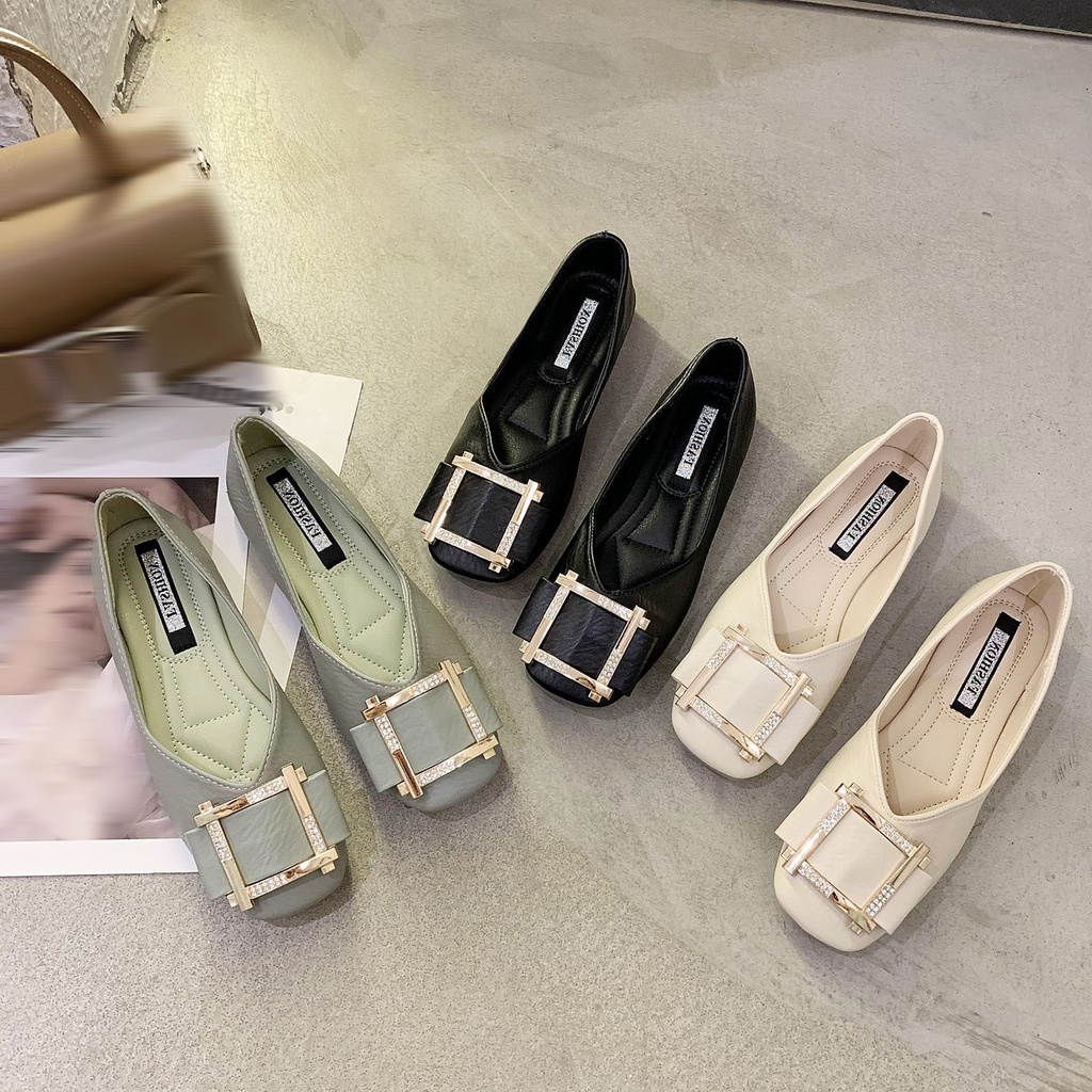 Giày Búp Bê Đế Mềm Mũi Vuông Phối Khóa Kim Loại Thời Trang Dành Cho Nữ