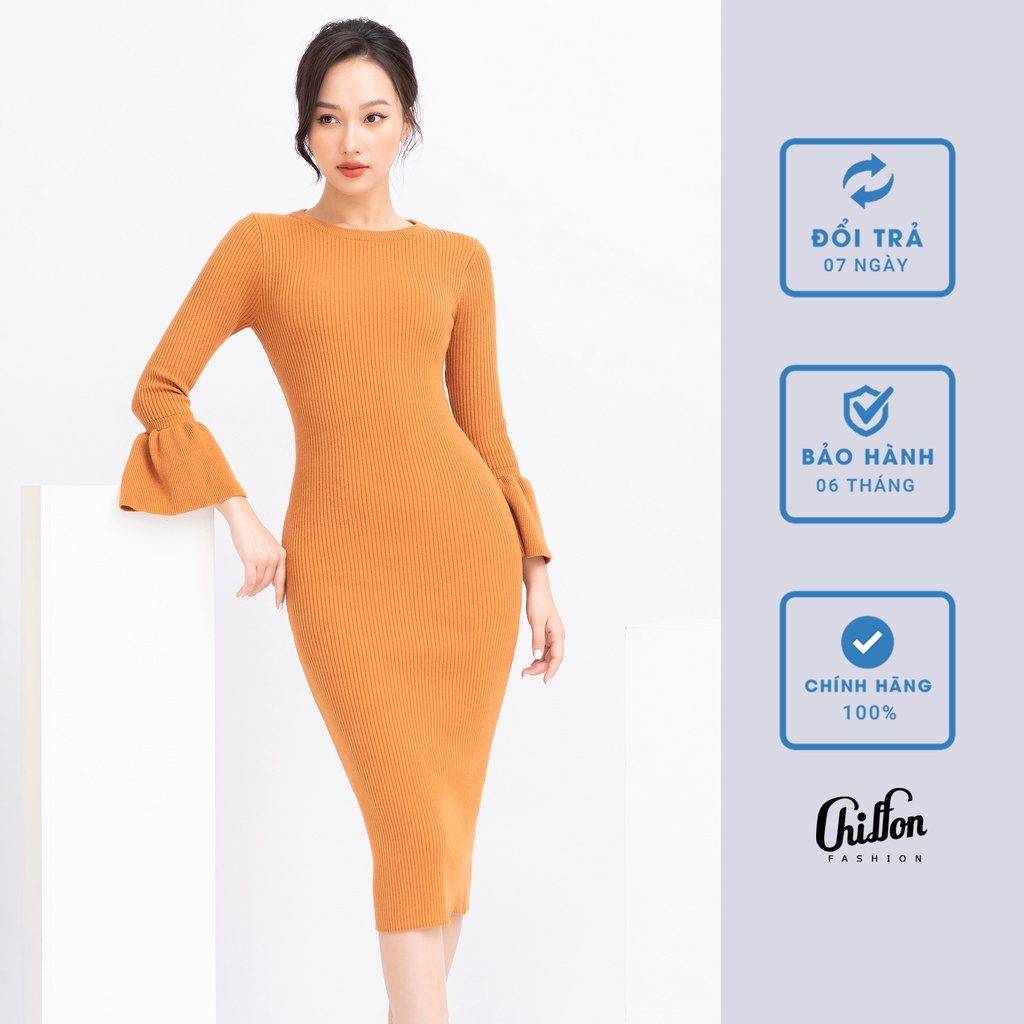 Váy len dáng dài tay xòe thiết kế Chiffon, đầm len đẹp | BigBuy360 - bigbuy360.vn