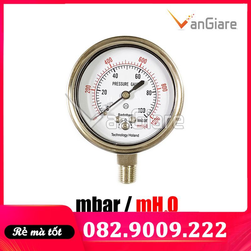 Đồng hồ đo áp suất thấp mbar, dùng cho khí, gas, chân đứng, Badotherm