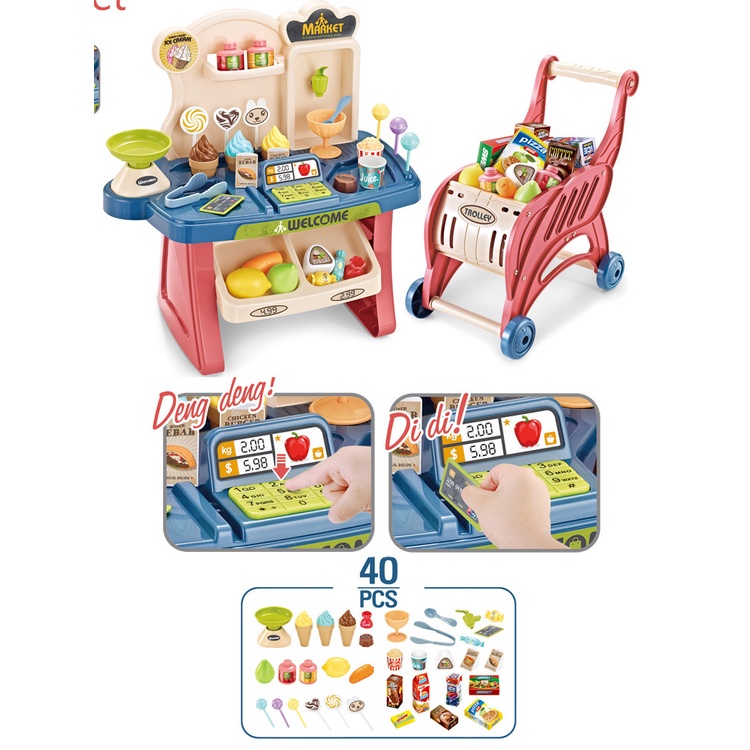 Đồ chơi bán hàng siêu thị kèm xe đẩy 40 chi tiết cho bé-quầy bán kem mini Beosmart