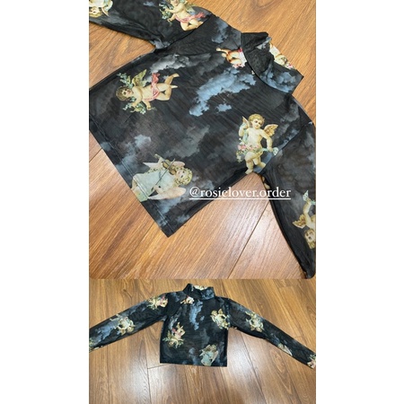 Áo lưới croptop kiểu nữ voan tay dài ôm body in hình thiên thần angel - Order taobao quảng châu