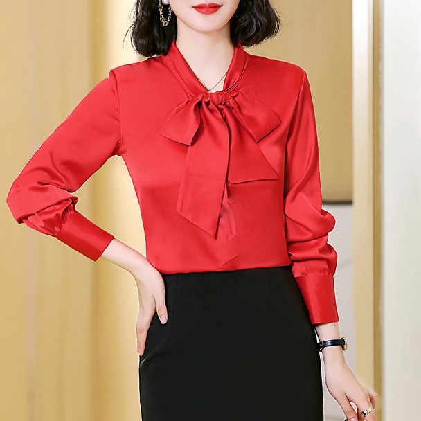 Áo Sơ Mi Kiểu Công Sở Đẹp CHIPY Tay Dài Cổ Thắt Nơ Màu Đỏ Chất Lụa Cao Cấp From Rộng Hàn Quốc Ulzzang Vintage A1D | BigBuy360 - bigbuy360.vn