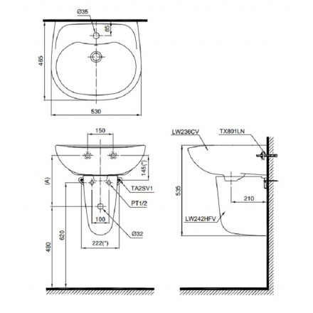 Lavabo TOTO LHT236CS Treo Tường Chân Ngắn